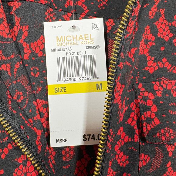 MICHAEL Michael Kors Medium Full Zip Shirt Crimson Black Floral Roll Tab Sleeves - Picture 10 of 11